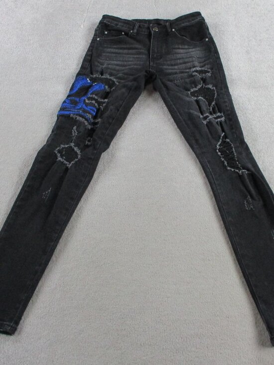 Unbranded Other - Mens Skinny Cobra Snake Jeans Size 28 Black Denim Distressed Embroidered Stretch